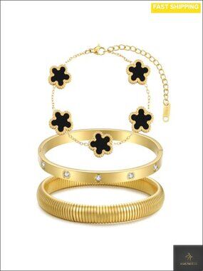 18K Gold Plated Clover Tennis Nail Bangle Bracelet Set 3 Pc Hypoallergenic